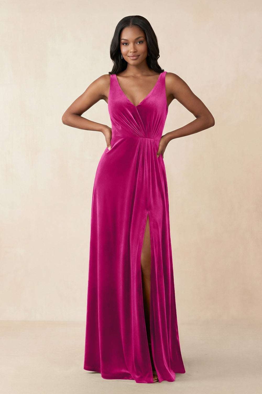 V - Neck Ruched A - Line Velvet Bridesmaid Dress in Desert Rose - KissProm Bridesmaid Dresses