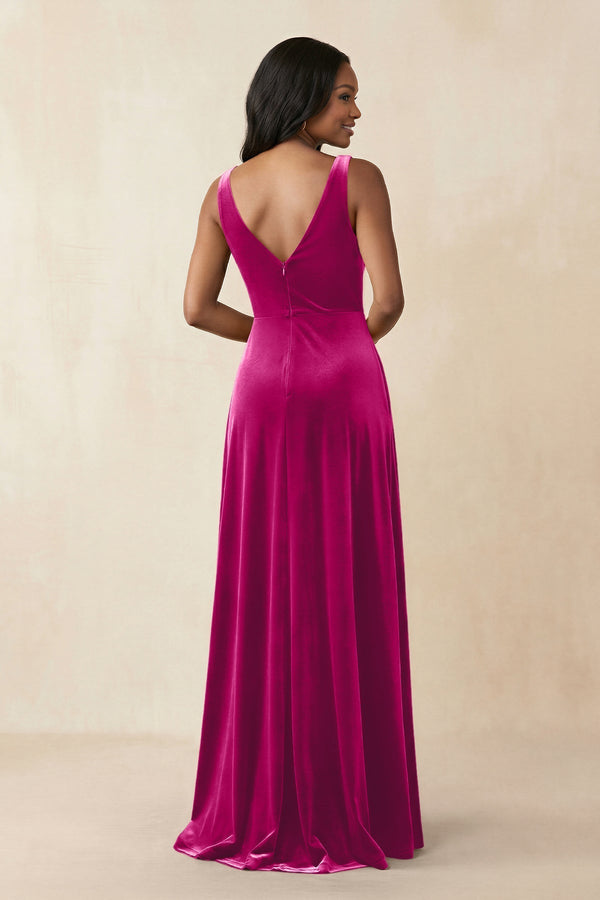 V - Neck Ruched A - Line Velvet Bridesmaid Dress in Desert Rose - KissProm Bridesmaid Dresses