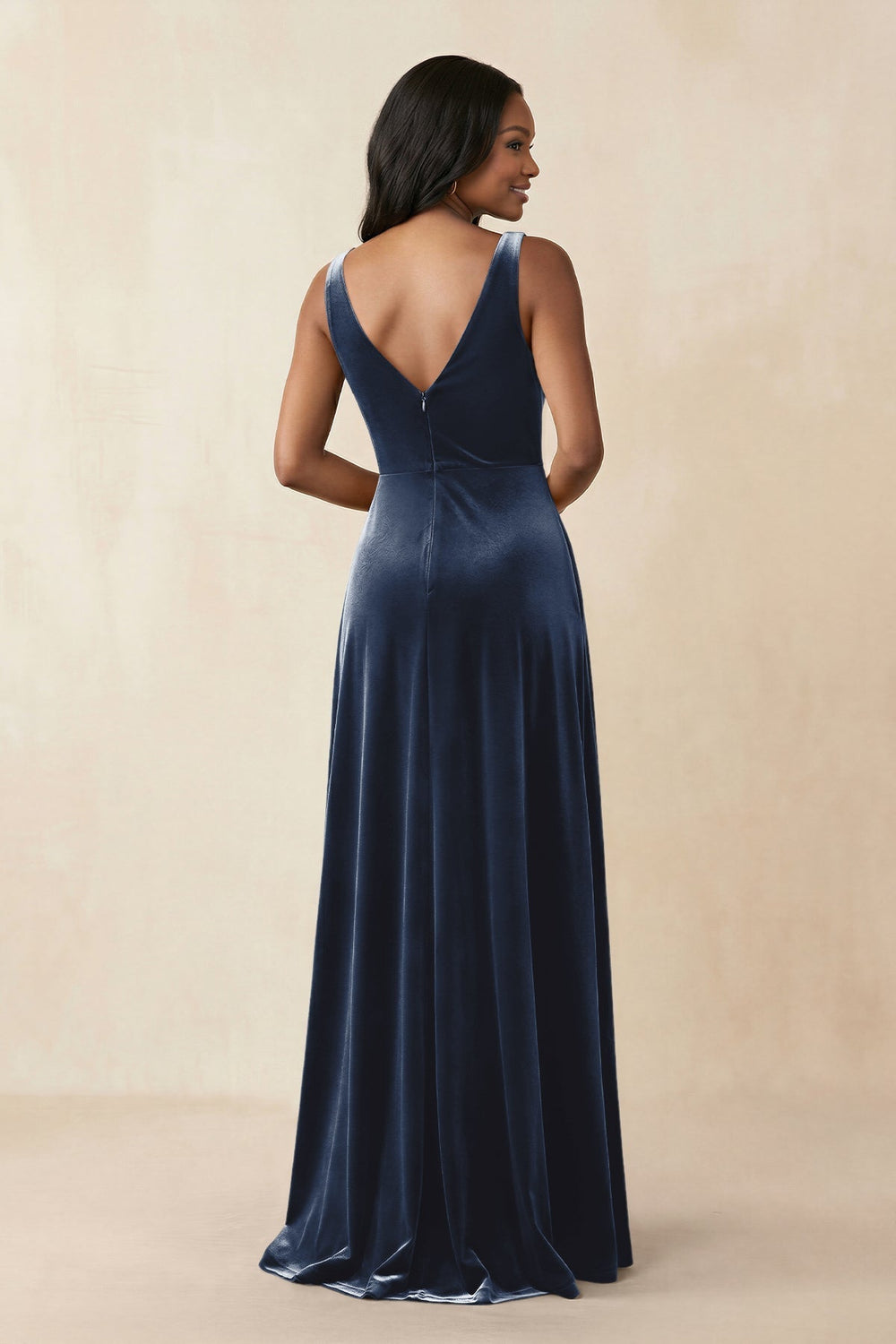 V - Neck Ruched A - Line Velvet Bridesmaid Dress in Dusk Blue - KissProm Bridesmaid Dresses