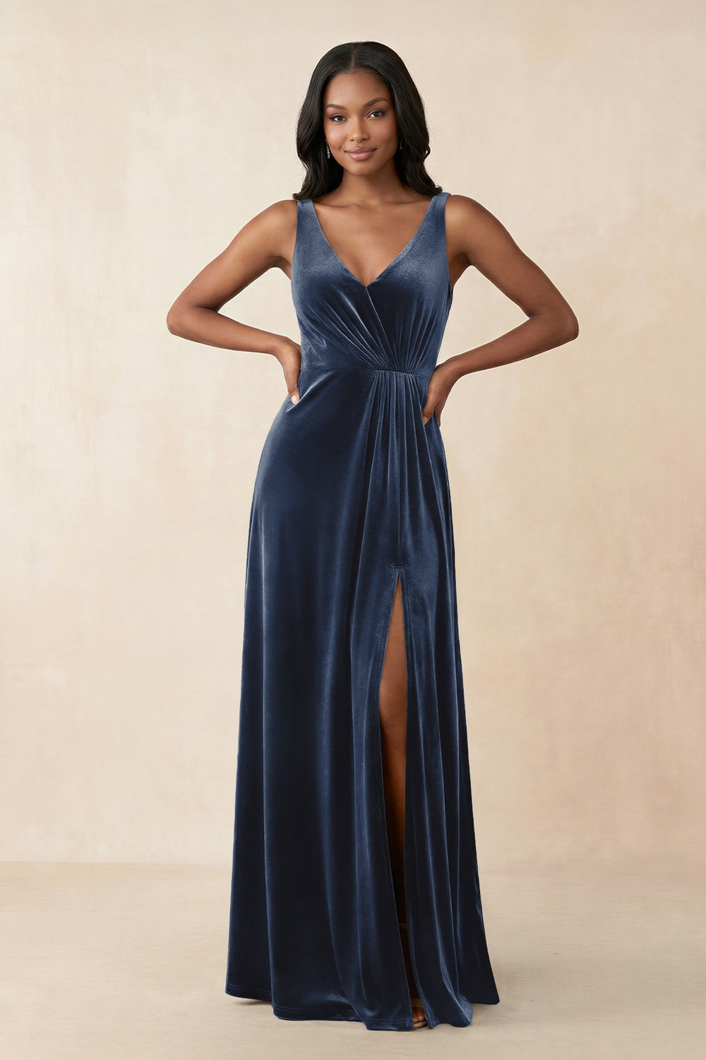 V - Neck Ruched A - Line Velvet Bridesmaid Dress in Dusk Blue - KissProm Bridesmaid Dresses