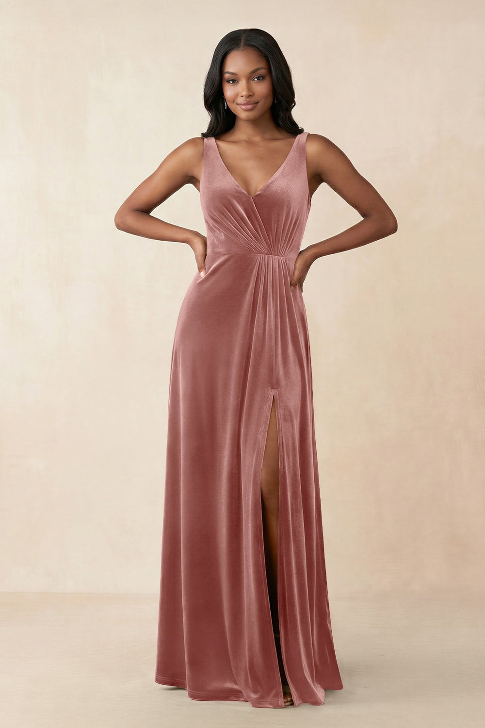 V - Neck Ruched A - Line Velvet Bridesmaid Dress in Dusty Rose - KissProm Bridesmaid Dresses