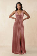 V - Neck Ruched A - Line Velvet Bridesmaid Dress in Dusty Rose - KissProm Bridesmaid Dresses