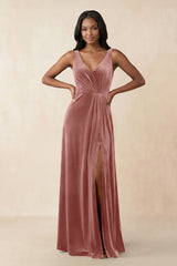 V - Neck Ruched A - Line Velvet Bridesmaid Dress in Dusty Rose - KissProm Bridesmaid Dresses