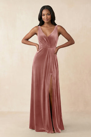 V - Neck Ruched A - Line Velvet Bridesmaid Dress in Dusty Rose - KissProm Bridesmaid Dresses