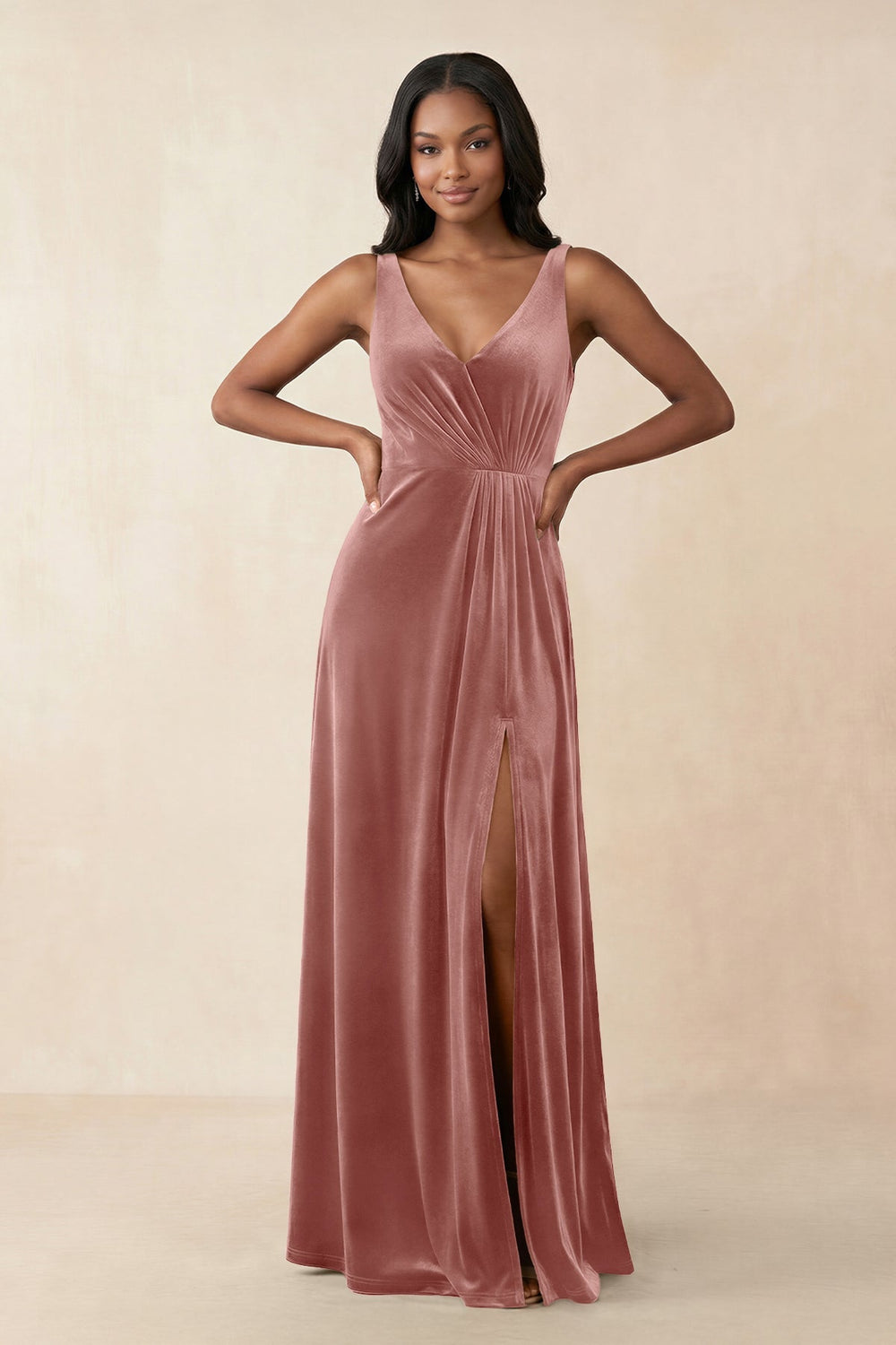 V - Neck Ruched A - Line Velvet Bridesmaid Dress in Dusty Rose - KissProm Bridesmaid Dresses