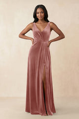 V - Neck Ruched A - Line Velvet Bridesmaid Dress in Dusty Rose - KissProm Bridesmaid Dresses