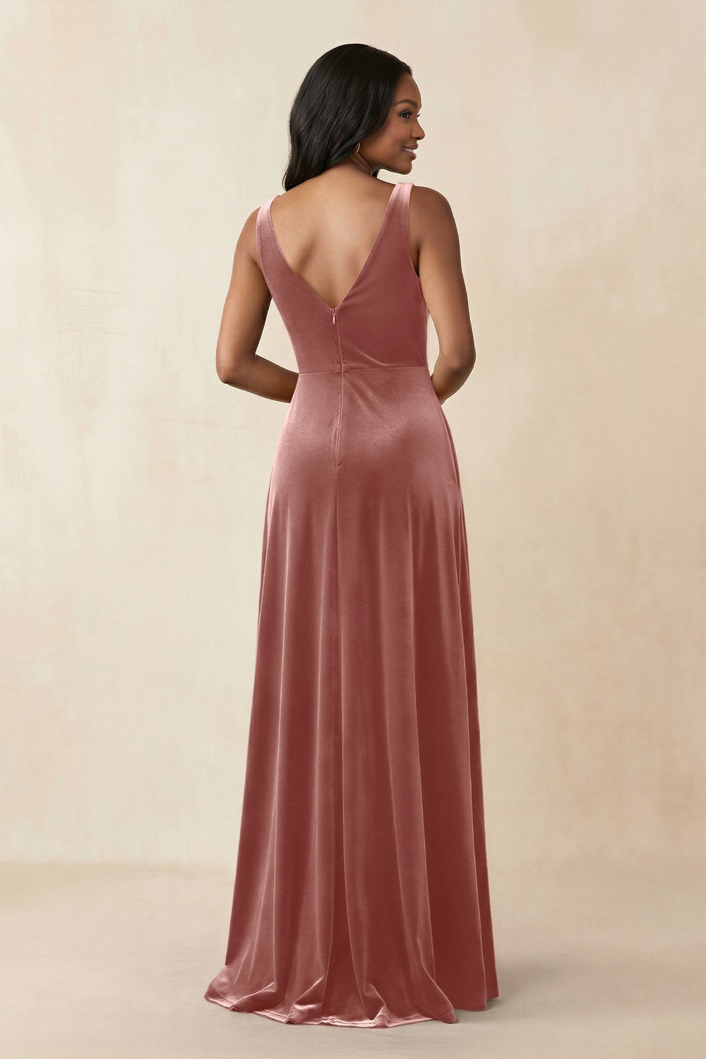 V - Neck Ruched A - Line Velvet Bridesmaid Dress in Dusty Rose - KissProm Bridesmaid Dresses