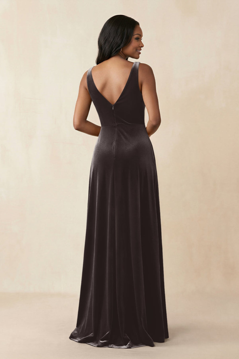 V - Neck Ruched A - Line Velvet Bridesmaid Dress in Espresso - KissProm Bridesmaid Dresses