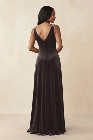 V - Neck Ruched A - Line Velvet Bridesmaid Dress in Espresso - KissProm Bridesmaid Dresses