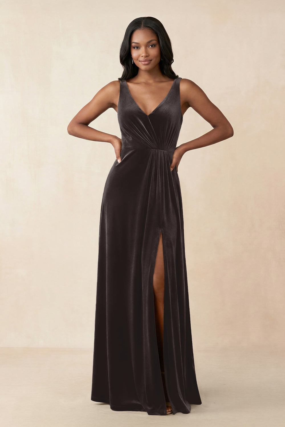 V - Neck Ruched A - Line Velvet Bridesmaid Dress in Espresso - KissProm Bridesmaid Dresses