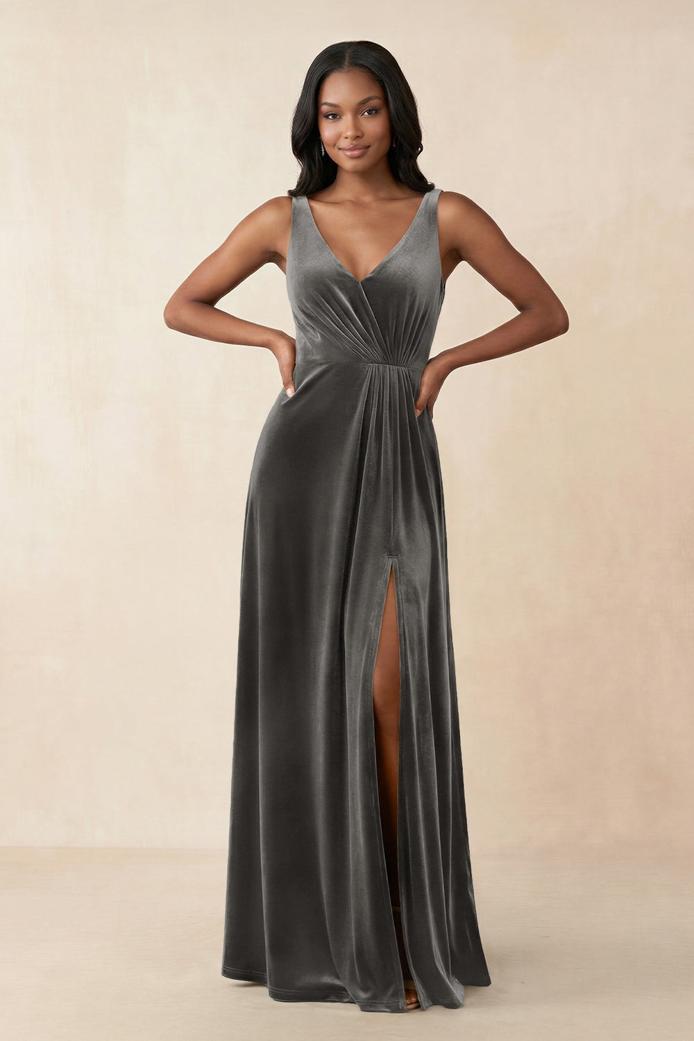 V - Neck Ruched A - Line Velvet Bridesmaid Dress in Frost - KissProm Bridesmaid Dresses