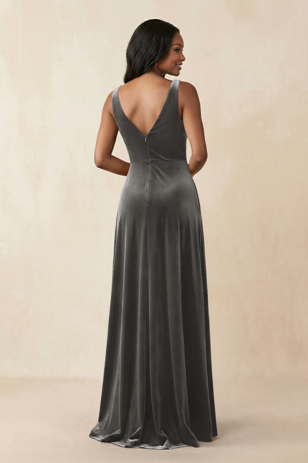 V - Neck Ruched A - Line Velvet Bridesmaid Dress in Frost - KissProm Bridesmaid Dresses