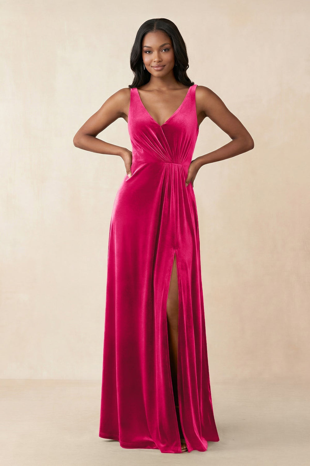 V - Neck Ruched A - Line Velvet Bridesmaid Dress in Fuchsia - KissProm Bridesmaid Dresses