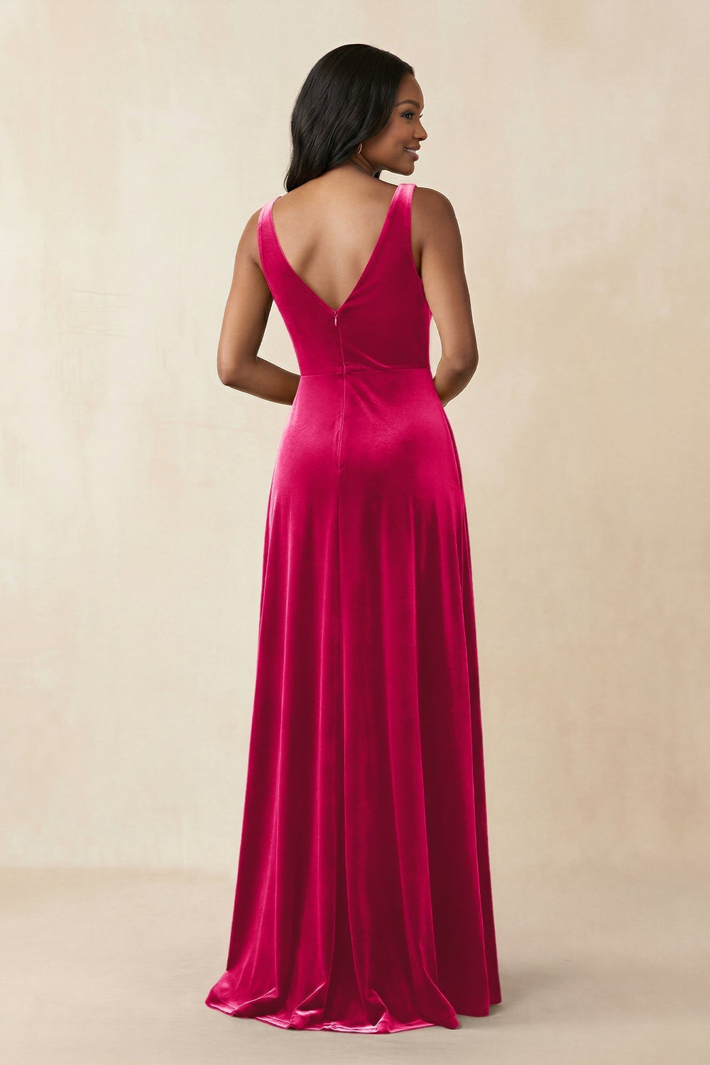 V - Neck Ruched A - Line Velvet Bridesmaid Dress in Fuchsia - KissProm Bridesmaid Dresses