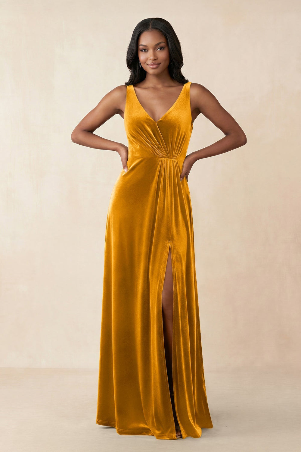 V - Neck Ruched A - Line Velvet Bridesmaid Dress in Gold - KissProm Bridesmaid Dresses