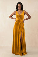 V - Neck Ruched A - Line Velvet Bridesmaid Dress in Gold - KissProm Bridesmaid Dresses