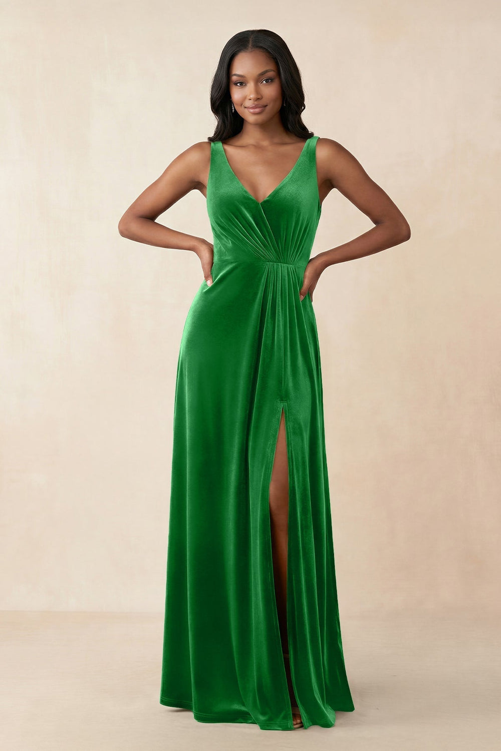V - Neck Ruched A - Line Velvet Bridesmaid Dress in Green - KissProm Bridesmaid Dresses