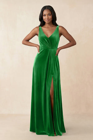 V - Neck Ruched A - Line Velvet Bridesmaid Dress in Green - KissProm Bridesmaid Dresses