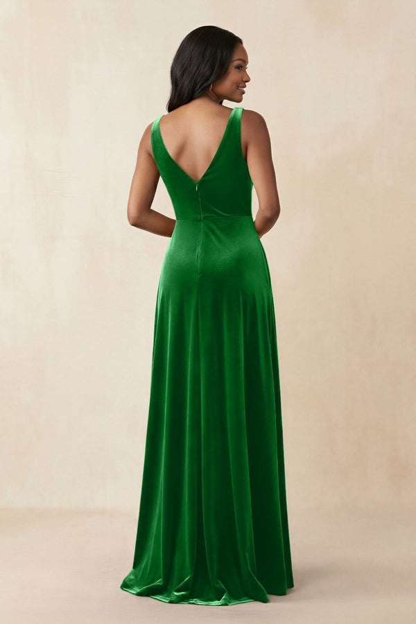 V - Neck Ruched A - Line Velvet Bridesmaid Dress in Green - KissProm Bridesmaid Dresses