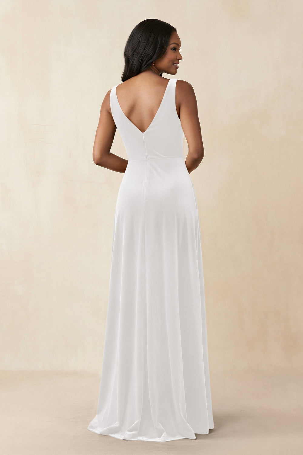 V - Neck Ruched A - Line Velvet Bridesmaid Dress in Ivory - KissProm Bridesmaid Dresses