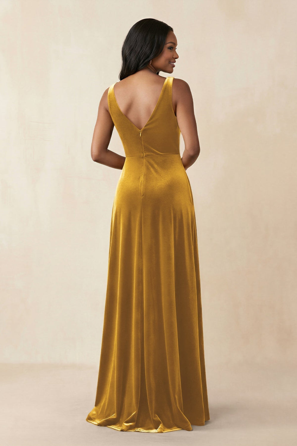 V - Neck Ruched A - Line Velvet Bridesmaid Dress in Marigold - KissProm Bridesmaid Dresses