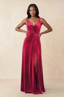 V - Neck Ruched A - Line Velvet Bridesmaid Dress in Merlot - KissProm Bridesmaid Dresses