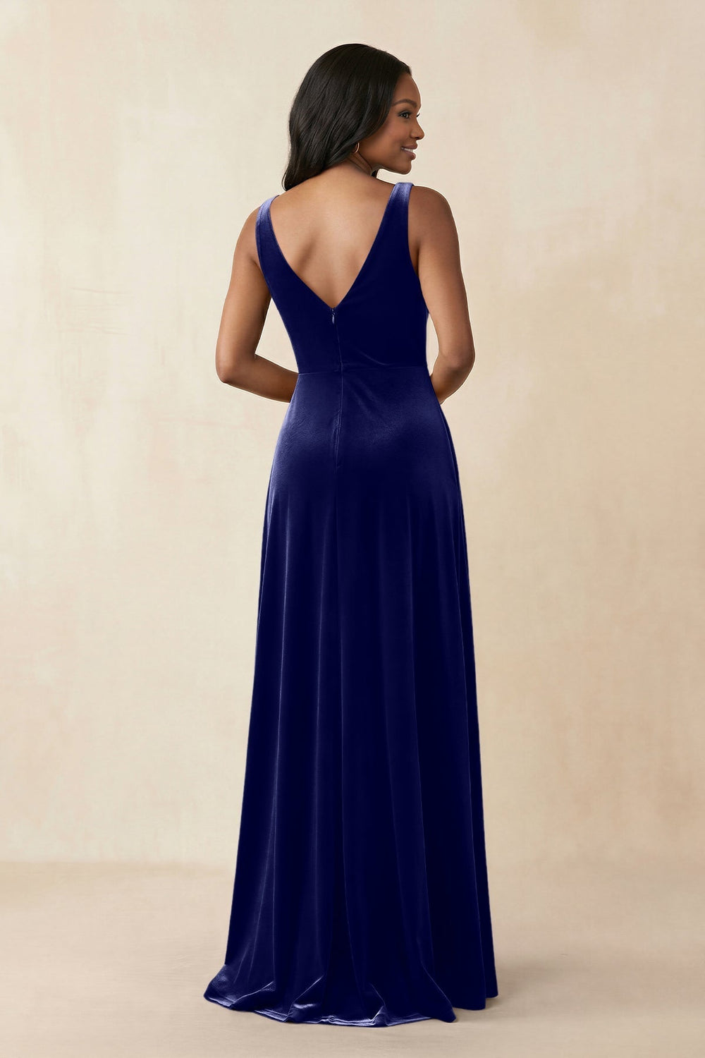 V - Neck Ruched A - Line Velvet Bridesmaid Dress in Navy - KissProm Bridesmaid Dresses