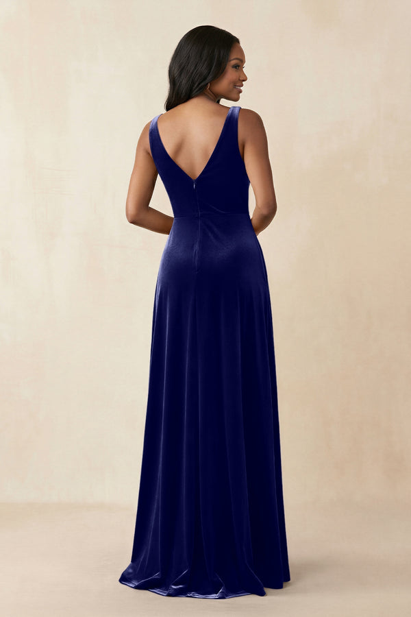 V - Neck Ruched A - Line Velvet Bridesmaid Dress in Navy - KissProm Bridesmaid Dresses