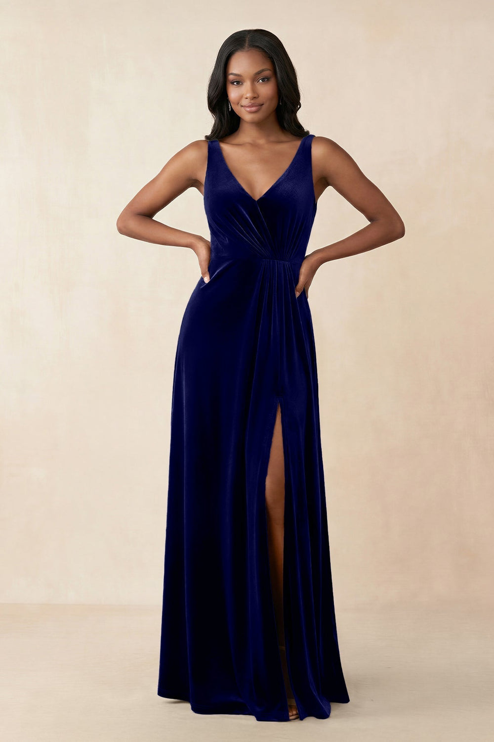 V - Neck Ruched A - Line Velvet Bridesmaid Dress in Navy - KissProm Bridesmaid Dresses