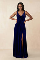 V - Neck Ruched A - Line Velvet Bridesmaid Dress in Navy - KissProm Bridesmaid Dresses