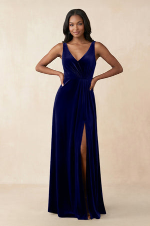 V - Neck Ruched A - Line Velvet Bridesmaid Dress in Navy - KissProm Bridesmaid Dresses