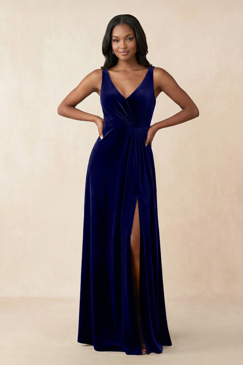 V - Neck Ruched A - Line Velvet Bridesmaid Dress in Navy - KissProm Bridesmaid Dresses