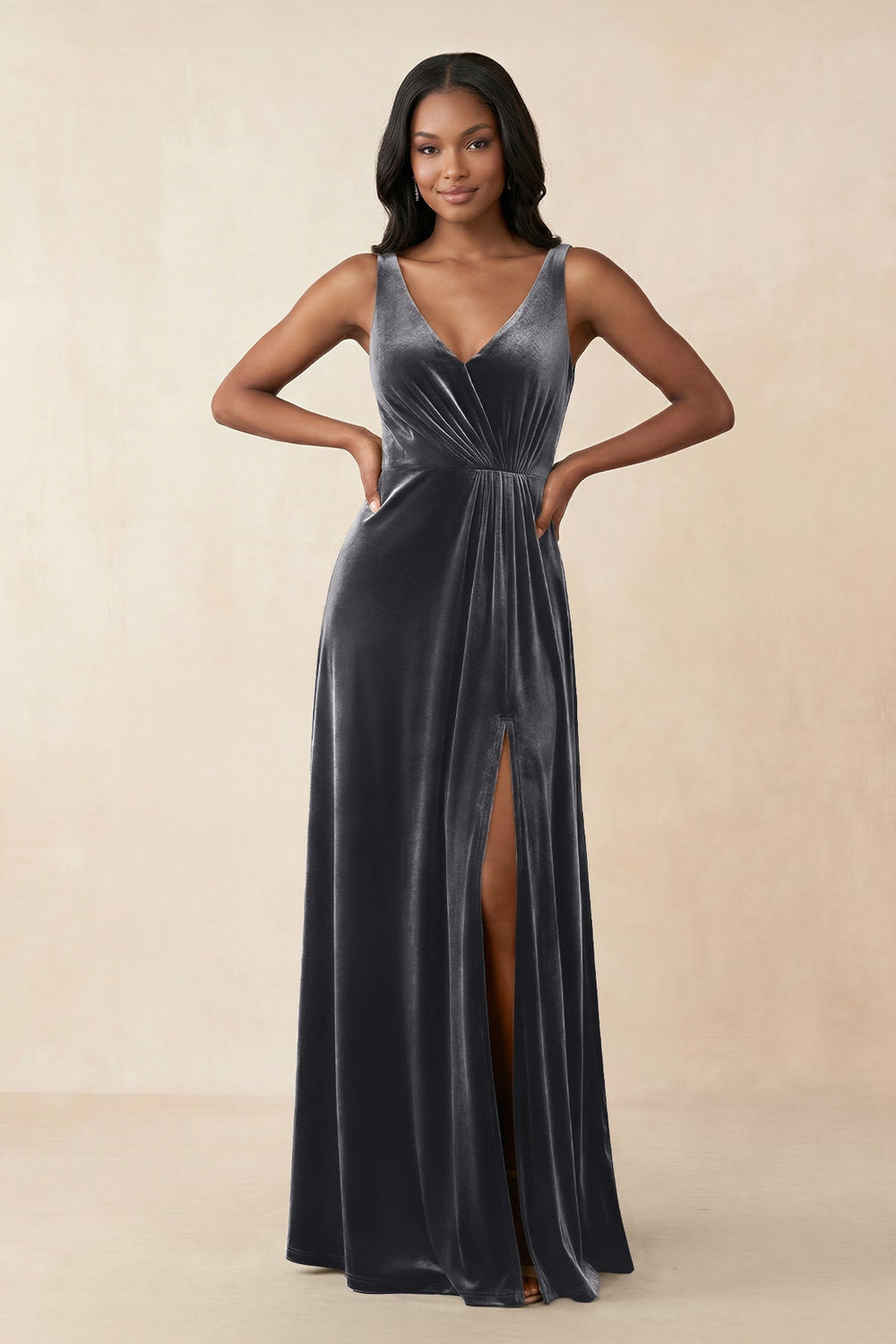 V - Neck Ruched A - Line Velvet Bridesmaid Dress in Neptune - KissProm Bridesmaid Dresses