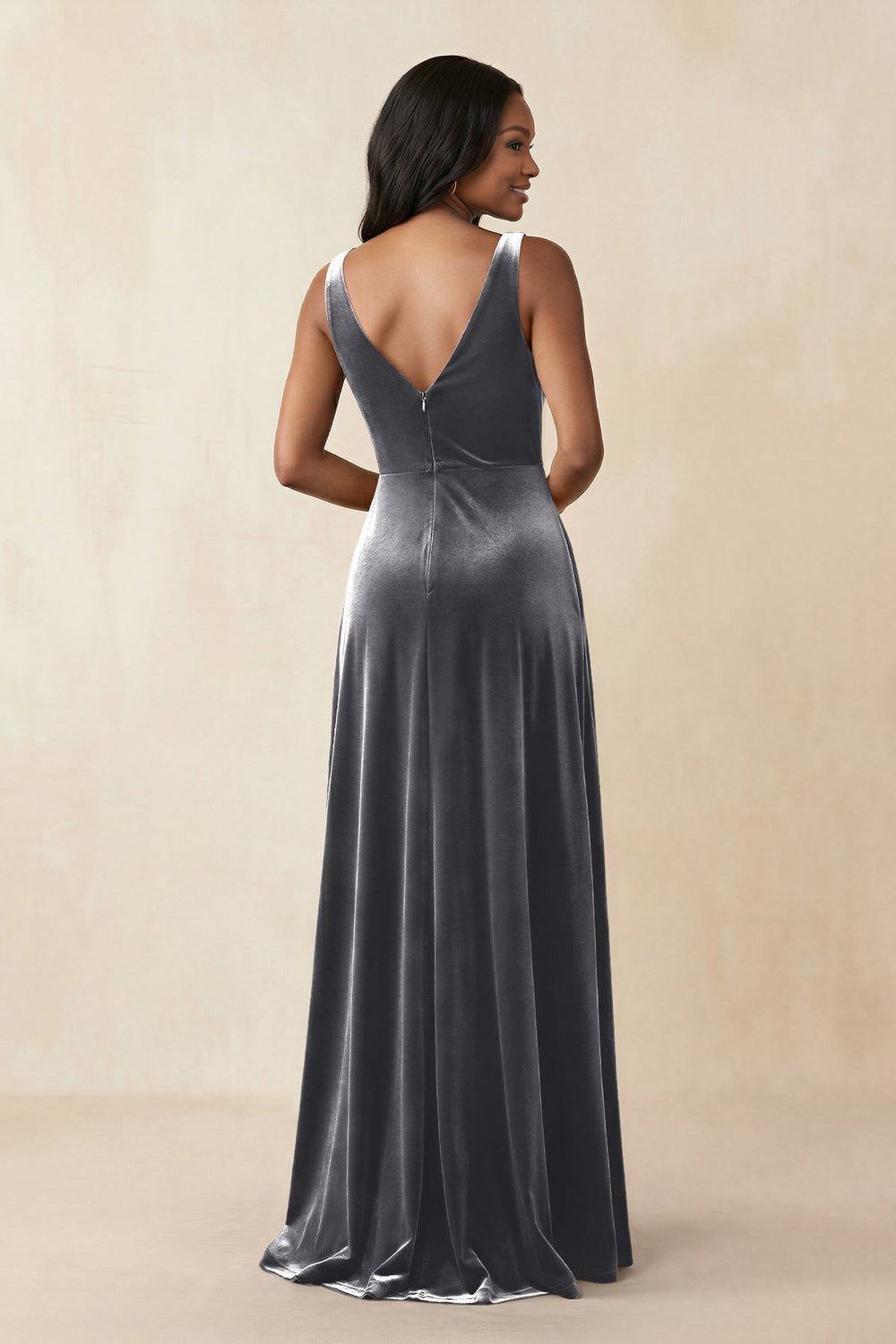 V - Neck Ruched A - Line Velvet Bridesmaid Dress in Neptune - KissProm Bridesmaid Dresses