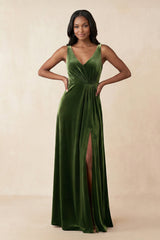 V - Neck Ruched A - Line Velvet Bridesmaid Dress in Olive - KissProm Bridesmaid Dresses