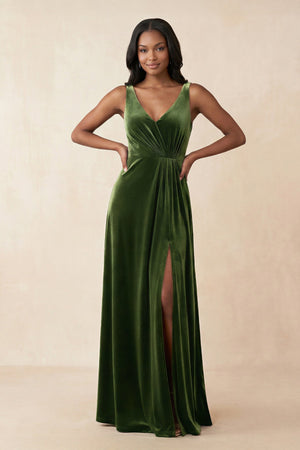 V - Neck Ruched A - Line Velvet Bridesmaid Dress in Olive - KissProm Bridesmaid Dresses