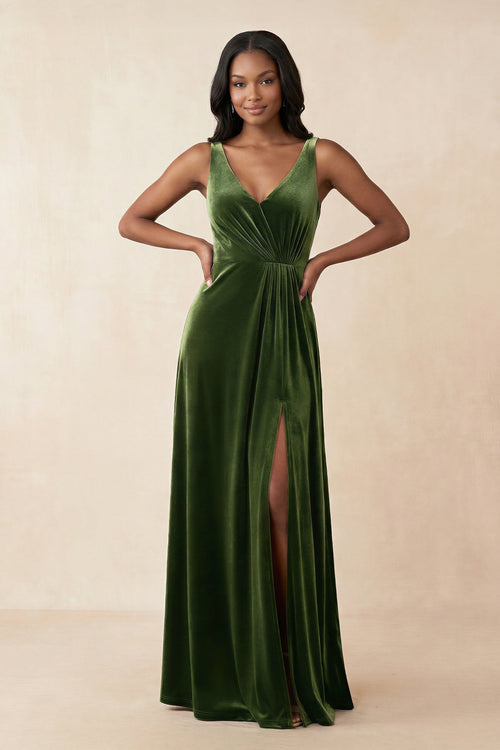 V - Neck Ruched A - Line Velvet Bridesmaid Dress in Olive - KissProm Bridesmaid Dresses