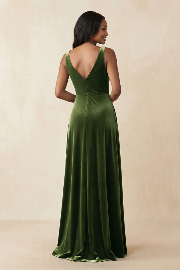 V - Neck Ruched A - Line Velvet Bridesmaid Dress in Olive - KissProm Bridesmaid Dresses