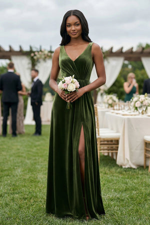 V - Neck Ruched A - Line Velvet Bridesmaid Dress in Olive - KissProm Bridesmaid Dresses