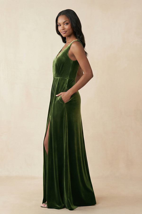 V - Neck Ruched A - Line Velvet Bridesmaid Dress in Olive - KissProm Bridesmaid Dresses