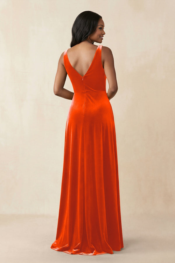 V - Neck Ruched A - Line Velvet Bridesmaid Dress in Orange - KissProm Bridesmaid Dresses