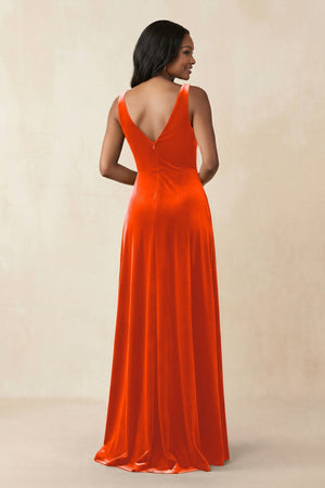 V - Neck Ruched A - Line Velvet Bridesmaid Dress in Orange - KissProm Bridesmaid Dresses