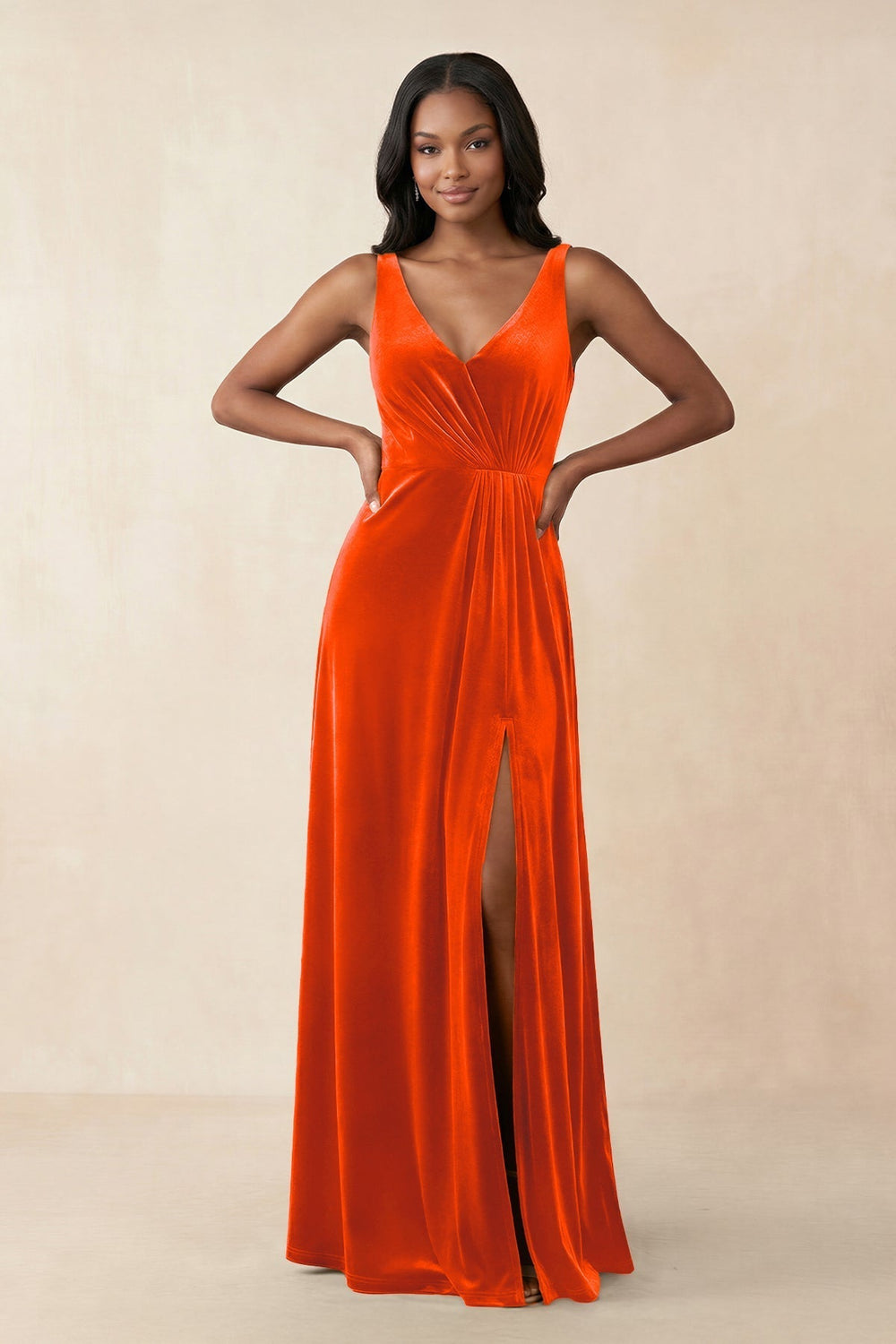 V - Neck Ruched A - Line Velvet Bridesmaid Dress in Orange - KissProm Bridesmaid Dresses