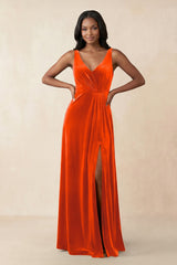 V - Neck Ruched A - Line Velvet Bridesmaid Dress in Orange - KissProm Bridesmaid Dresses