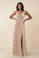 V - Neck Ruched A - Line Velvet Bridesmaid Dress in Pale Blush - KissProm Bridesmaid Dresses