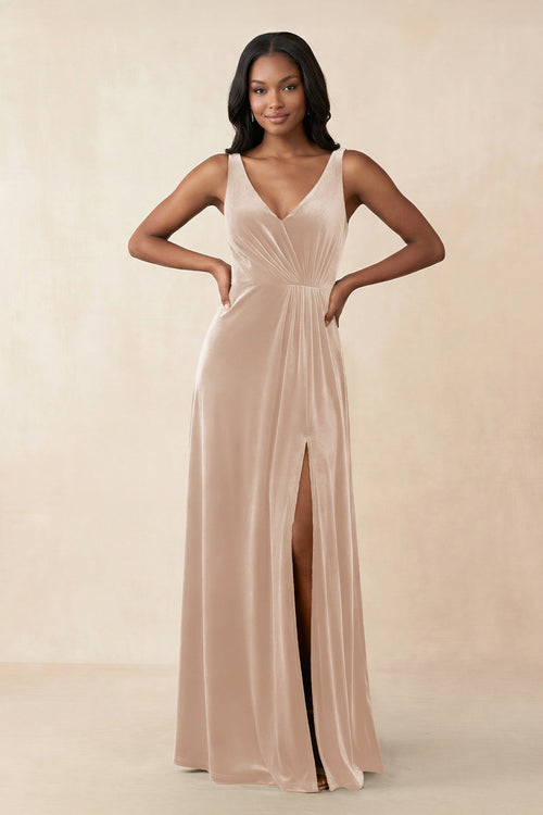 V - Neck Ruched A - Line Velvet Bridesmaid Dress in Pale Blush - KissProm Bridesmaid Dresses