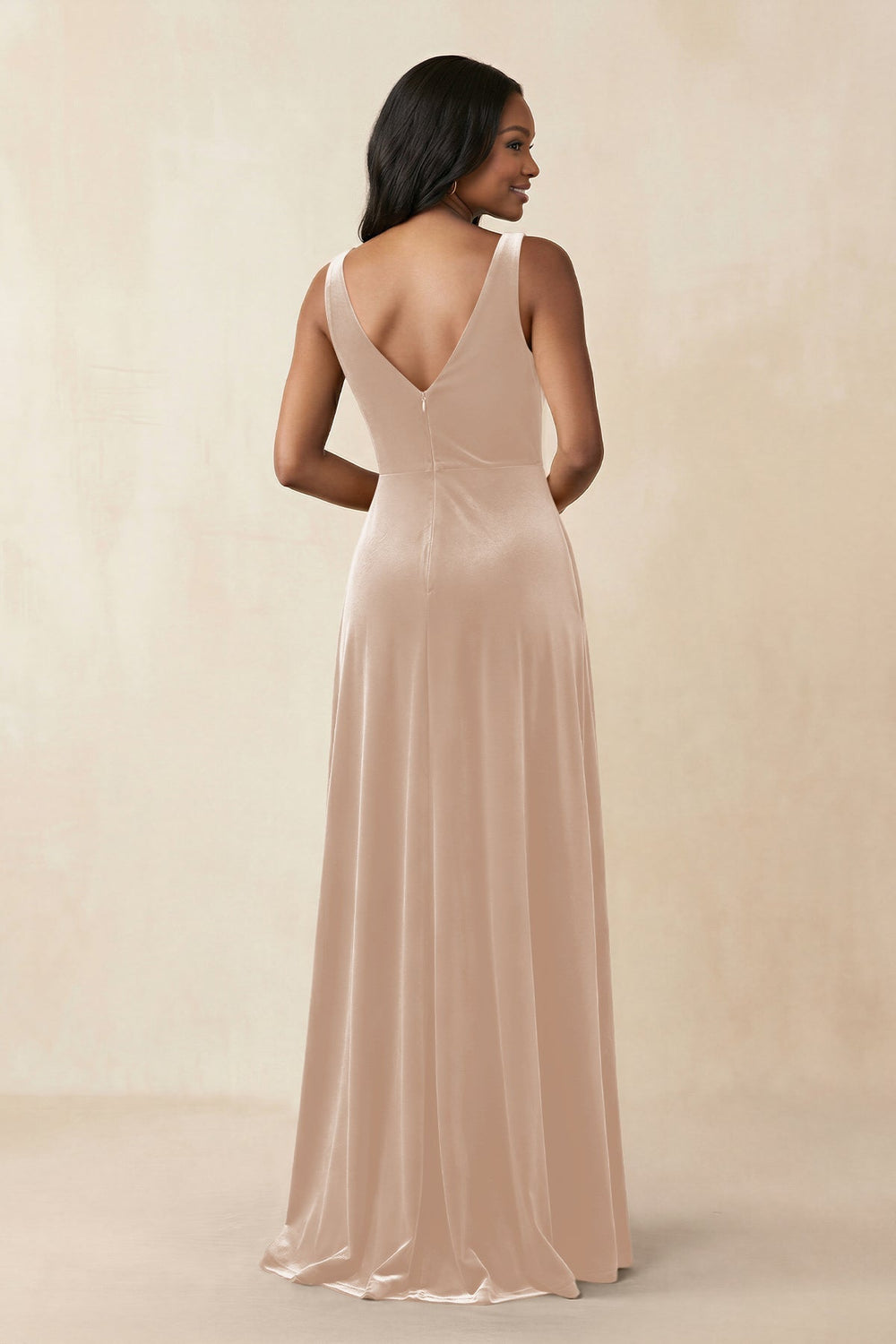V - Neck Ruched A - Line Velvet Bridesmaid Dress in Pale Blush - KissProm Bridesmaid Dresses