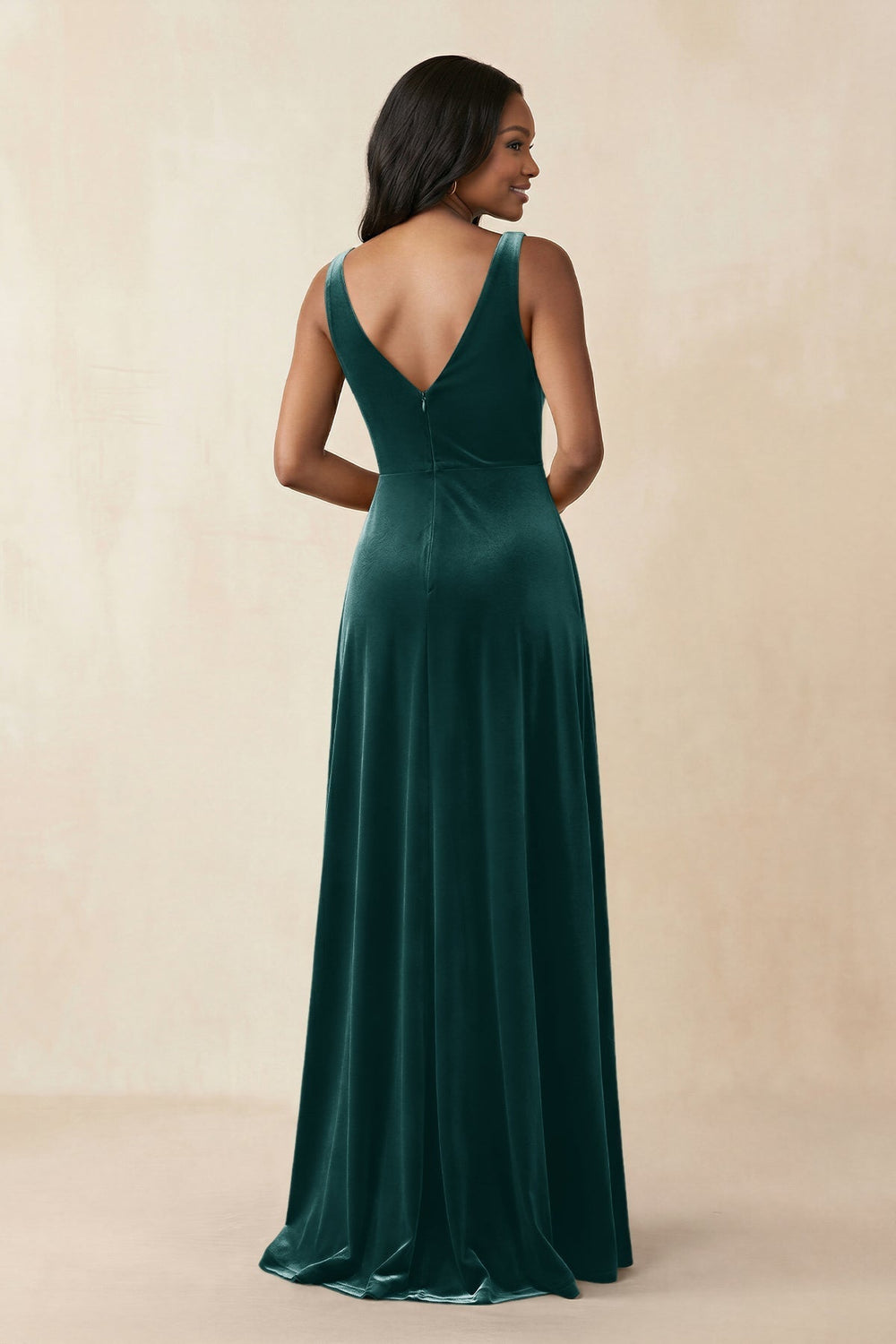 V - Neck Ruched A - Line Velvet Bridesmaid Dress in Pine - KissProm Bridesmaid Dresses