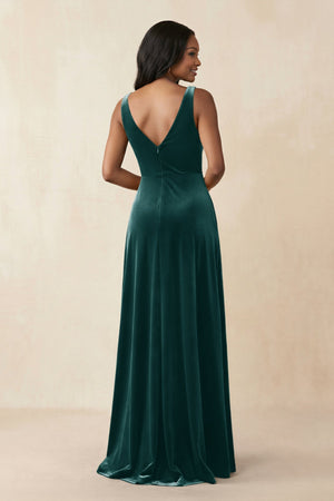 V - Neck Ruched A - Line Velvet Bridesmaid Dress in Pine - KissProm Bridesmaid Dresses