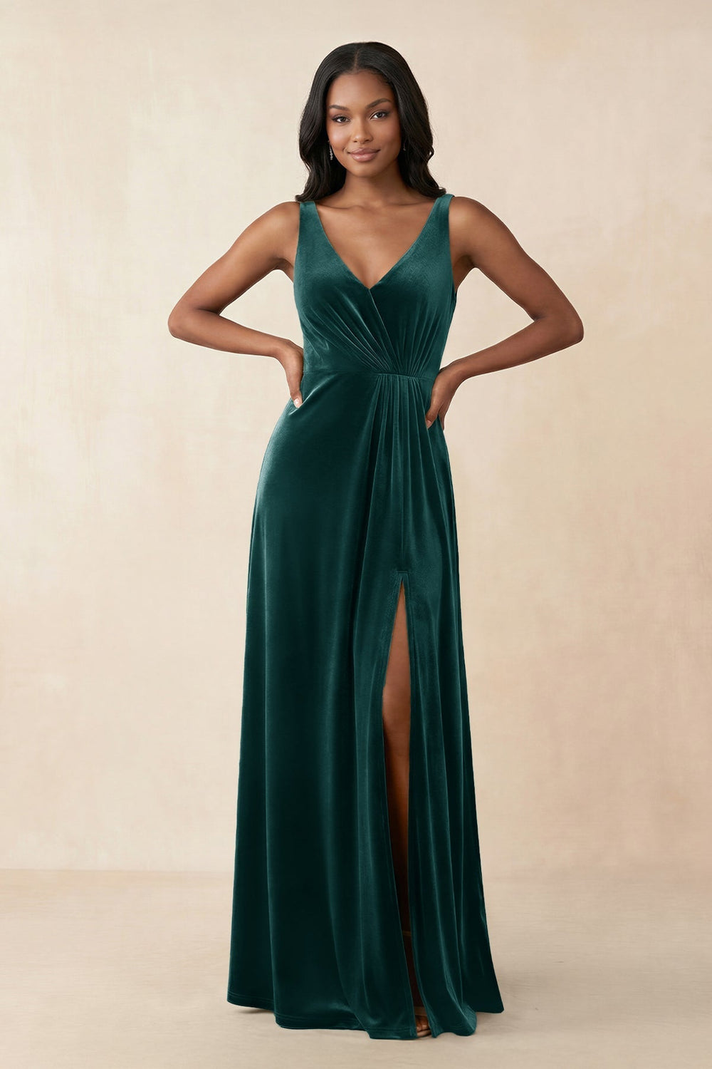 V - Neck Ruched A - Line Velvet Bridesmaid Dress in Pine - KissProm Bridesmaid Dresses